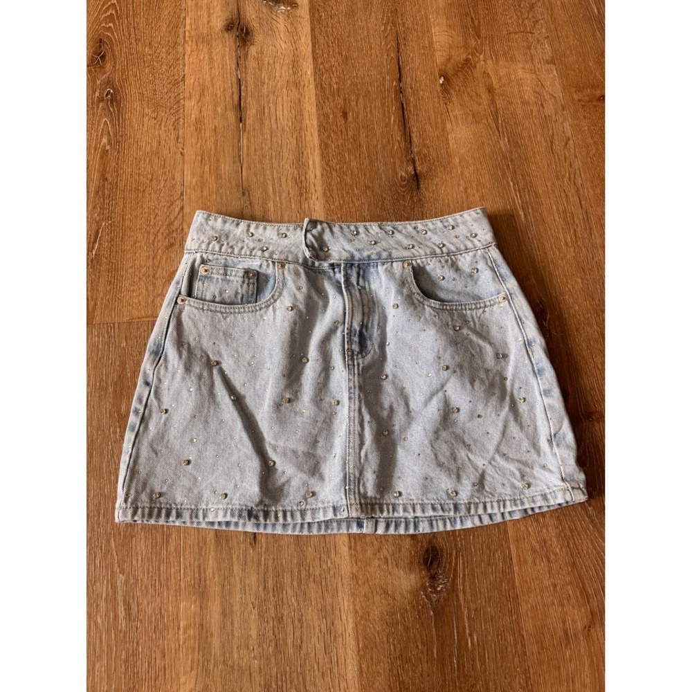 Meshki Rhinestone Denim Mini Skirt Light Wash Blue Cotton Womens Size M